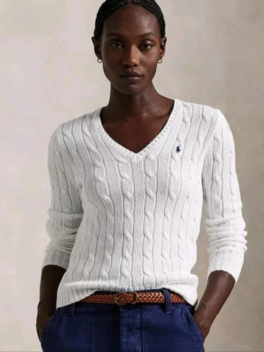 Ralph Lauren Juniors Chunky Cable Knit Sweater Ribbed V Neck White Big Pony  L